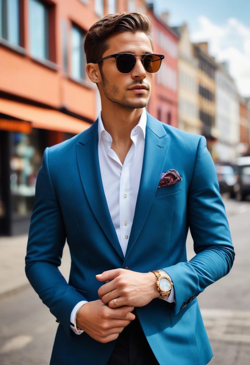 A stylish man confidently adjusting his tailored blazer while standing in an urban setting, showcasing a blend of classic and modern fashion. Include subtle hints of luxury with accessories like a watch and sunglasses. The background features a bustling cityscape with boutique shops and vibrant street art. Highlight a warm, inviting color palette that enhances the sense of style and sophistication. super-realistic. vibrant colors. urban setting.