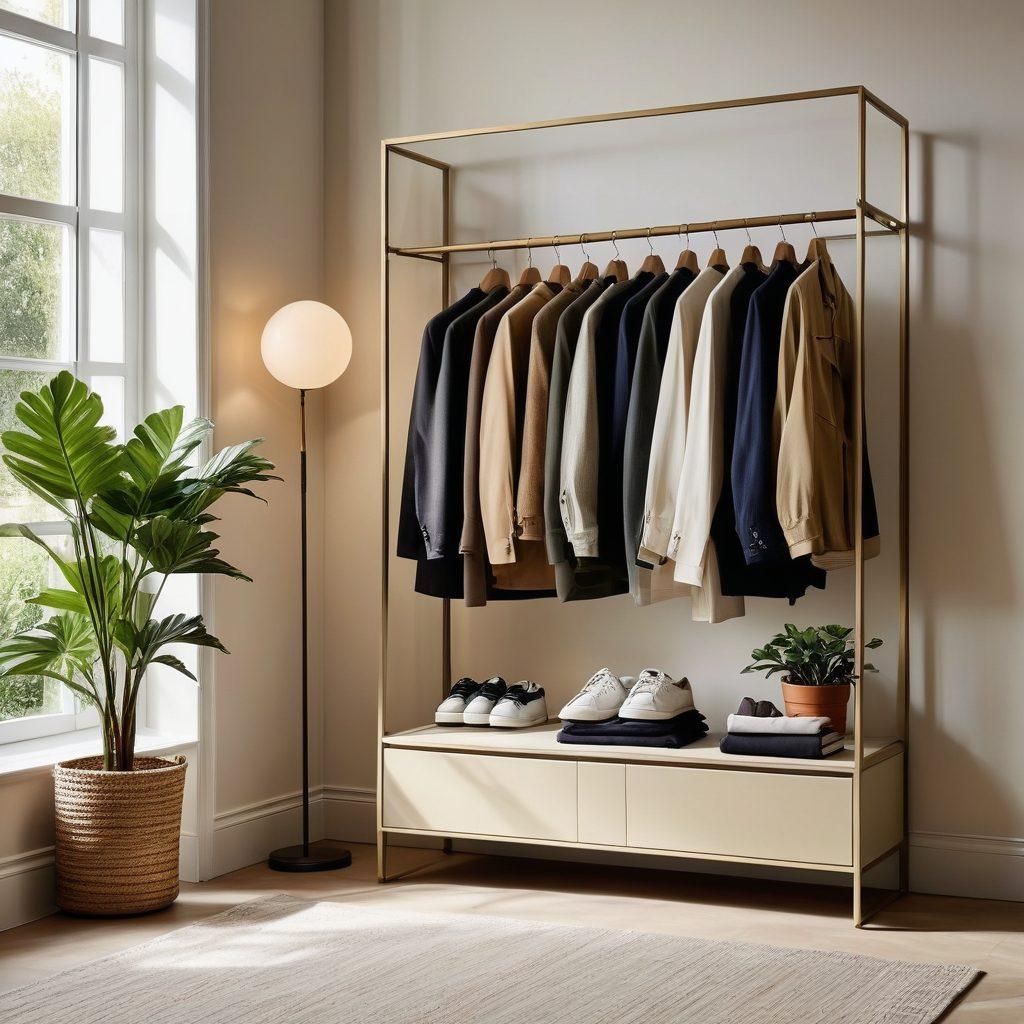 A stylishly laid out wardrobe featuring a mix of casual and chic clothing items, including tailored jackets, trendy sneakers, and classic accessories. Soft natural lighting casts gentle shadows, highlighting the texture of fabrics and the elegance of the design. A mirror reflects the space, creating depth and inviting viewers to visualize their own stylish choices. A touch of greenery adds a fresh feel to the scene. super-realistic. vibrant colors. minimalistic background.