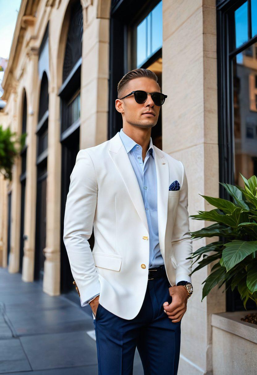 A stylish man in a chic outfit, showcasing a variety of JohnnyO apparel, standing confidently against a trendy urban backdrop. Incorporate fashionable accessories like a watch and sunglasses, with a focus on vibrant colors that evoke modern fashion. Include subtle elements like hanging plants or art deco architecture to enhance sophistication. The atmosphere should feel lively and inspiring. super-realistic. vibrant colors. urban background.
